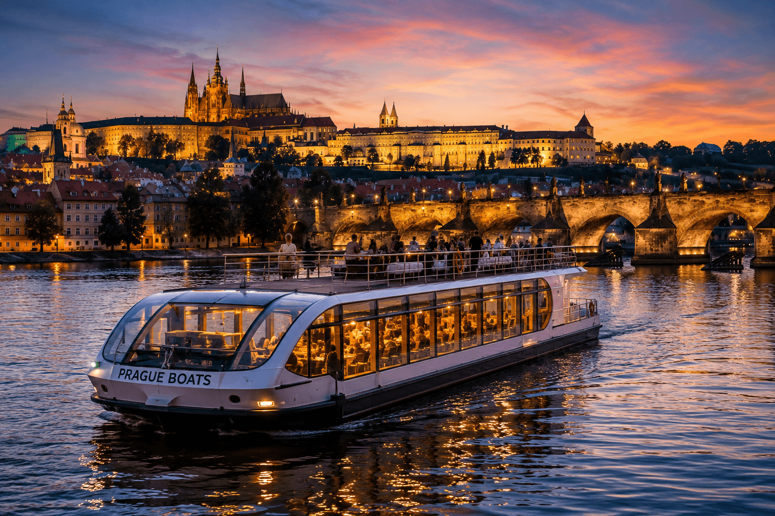 Prague river cruise on the Vltava at sunset with Charles Bridge and Prague Castle illuminated in the background.