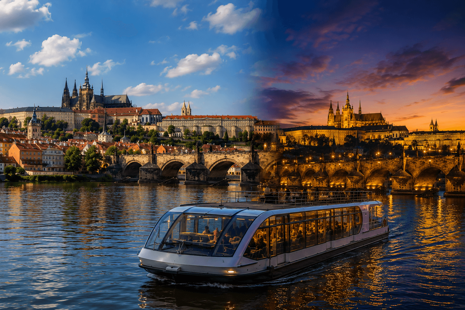 Prague river cruise on the Vltava showing Charles Bridge and Prague Castle during the day and illuminated at night.