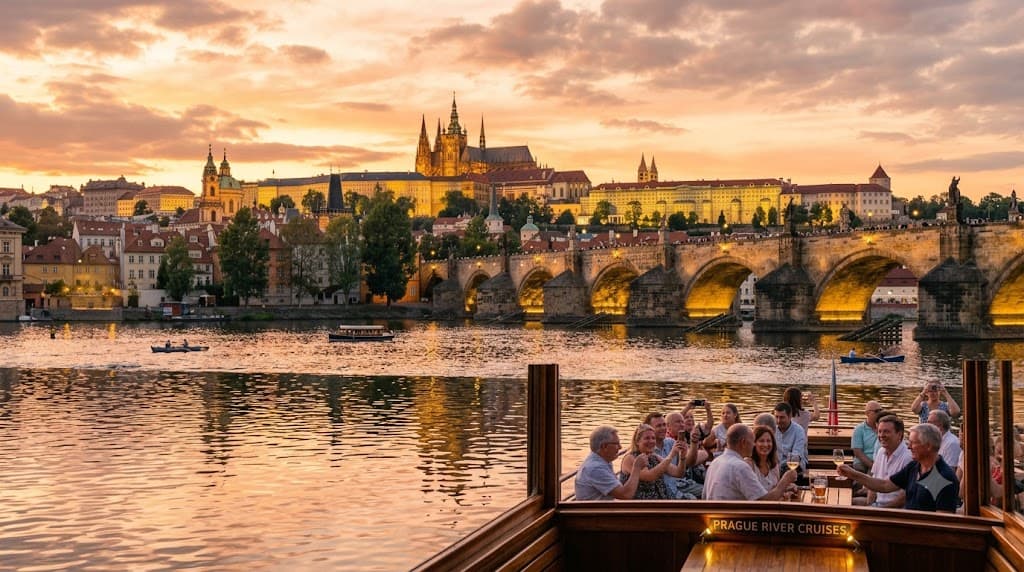 Sightseeing boat on the Vltava River in Prague with Charles Bridge and Prague Castle in the background at sunset
